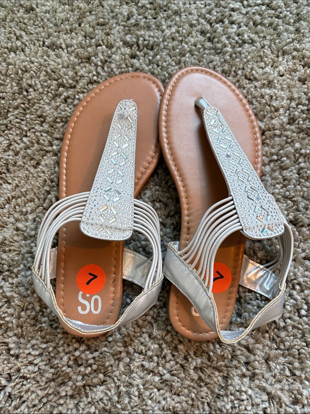 Kohl's Women's Tan and Silver Beaded T-strap Sandals